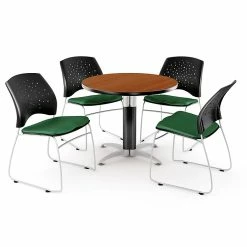 OFM™ 42" Round Multi-Purpose Cherry Table With 4 Chairs, Forest Green