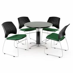 OFM™ 42" Round Multi-Purpose Gray Nebula Table With 4 Chairs, Forest Green