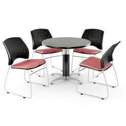 OFM™ 42" Round Multi-Purpose Gray Nebula Table With 4 Chairs, Coral Pink