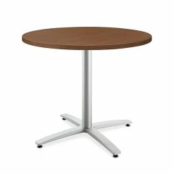 HON Between Round Table, Seated Height X-Base, 36"D, Shaker Cherry Laminate/Textured Silver Finish