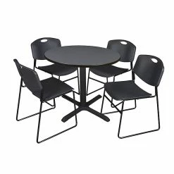 Regency 42-inch Laminate Round Table With 4 Zeng Stack Chairs, Gray & Black
