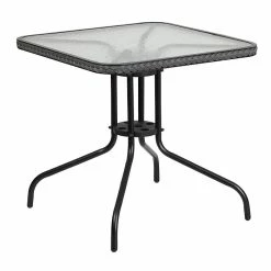 Flash Furniture 28'' Square Tempered Glass Metal Table With Gray Rattan Edging (TLH-073R-GY-GG)
