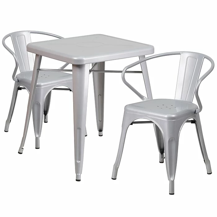 Flash Furniture Metal Indoor/Outdoor Table Set With 2 Arm Chairs; Silver (CH31330270SIL) 1 Flash Furniture Metal Indoor/Outdoor Table Set With 2 Arm Chairs; Silver (CH31330270SIL)