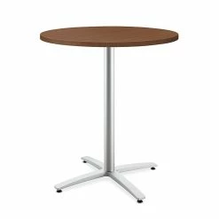 HON Between Round Table, Standing Height X-Base, 36"D, Shaker Cherry Laminate/Textured Silver