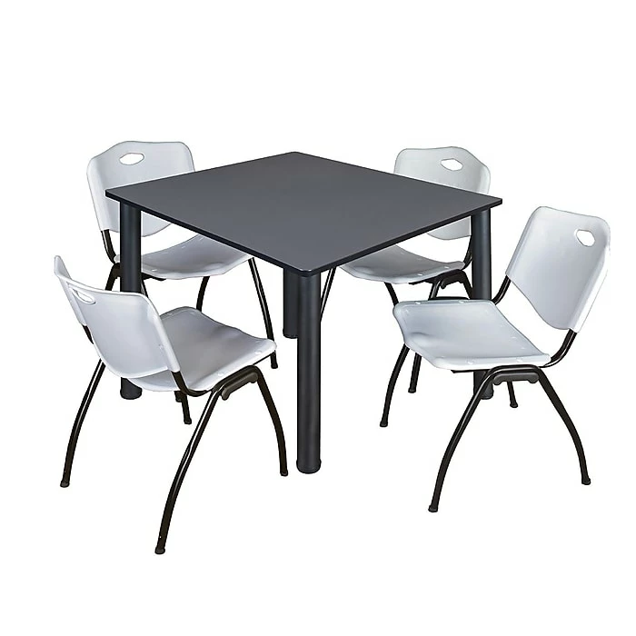 Regency Kee 48" Square Breakroom Table- Grey/ Black & 4 'M' Stack Chairs, Grey (TB4848GYBPBK47GY) 1 Regency Kee 48" Square Breakroom Table- Grey/ Black & 4 'M' Stack Chairs, Grey (TB4848GYBPBK47GY)