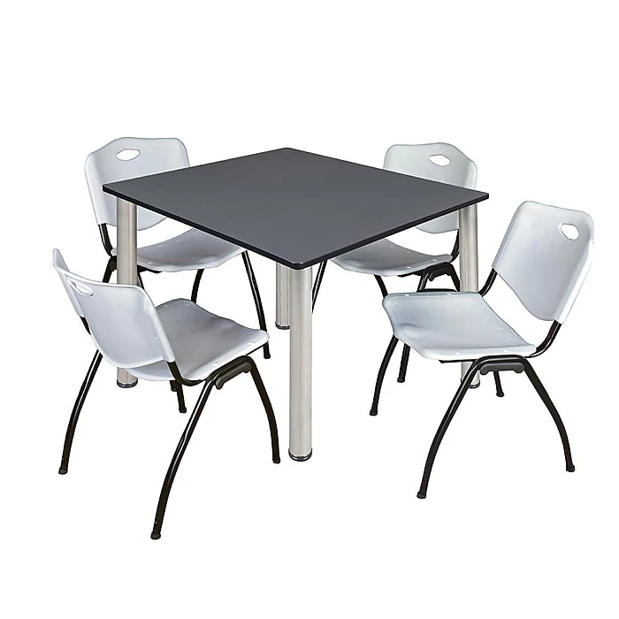Regency Kee 48" Square Breakroom Table- Grey/ Chrome & 4 'M' Stack Chairs, Grey (TB4848GYBPCM47GY) 1 Regency Kee 48" Square Breakroom Table- Grey/ Chrome & 4 'M' Stack Chairs, Grey (TB4848GYBPCM47GY)