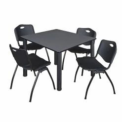 Regency Kee 48" Square Breakroom Table- Grey/ Black & 4 'M' Stack Chairs, Black (TB4848GYPBK47BK)