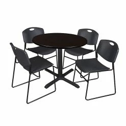 Regency Cain Breakroom Table, 42"W, Mocha Walnut & 4 Zeng Stack Chairs, Black (TB42RNDMW44BK)