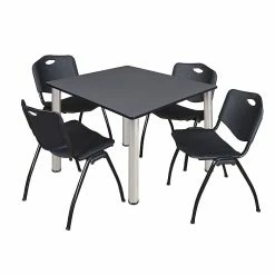 Regency Kee Square Breakroom Table & 4 'M' Stack Chairs, 48"Wx48"D, Gray/ Chrome/Black (TB4848GYBPCM47BK)