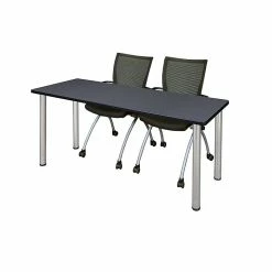 Regency Kee 60" X 24" Training Table- Grey/ Chrome & 2 Apprentice Chairs- Black [MT60GYBPCM09BK]
