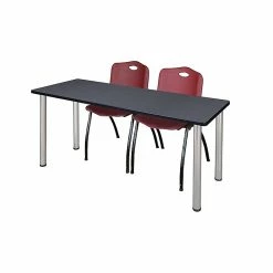 Regency 66"L X 24"W Kee Training Table- Grey/ Chrome & 2 'M' Stack Chairs- Burgundy (MT6624GYPCM47BY)