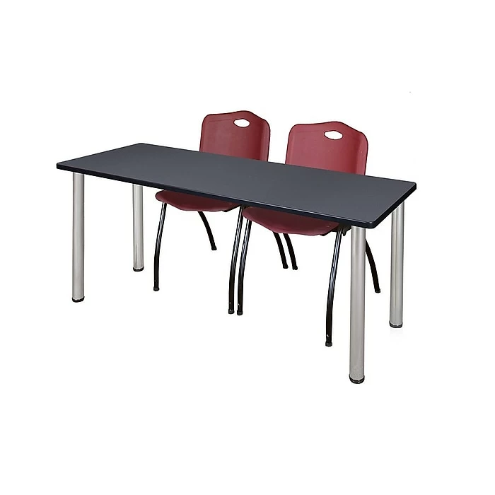 Regency 66"L X 24"W Kee Training Table- Grey/ Chrome & 2 'M' Stack Chairs- Burgundy (MT6624GYPCM47BY) 1 Regency 66"L X 24"W Kee Training Table- Grey/ Chrome & 2 'M' Stack Chairs- Burgundy (MT6624GYPCM47BY)